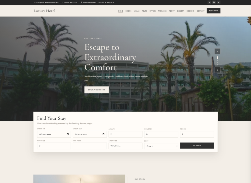 Hotel WordPress Theme homepage demo